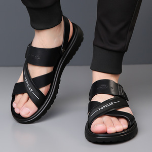 Sandales en cuir véritable à brides croisées pour hommes, semelle en caoutchouc antidérapante, décontractées, été, bout ouvert, boucle, semelle épaisse - Product Image 4