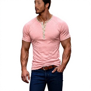 Camiseta de Manga Corta con Cuello en V para Hombre, Color Rosa, Corte Regular, Ribete en Contraste, Tejido de Punto Jersey 180g, Lisa, Informal, con Logotipo Frontal, 100% Algodón - Product Image 1