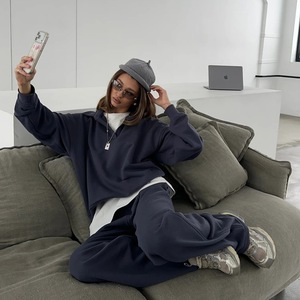 <b>Women's</b> Sportswear Set Solid Streetwear Collared V-Neck Hoodie Elastic Waist Wide-Leg Sweatpants Casual <b>for</b> Custom Logo - Product Image 6