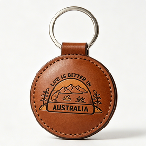 Llavero Redondo de Cuero con Paisaje Australiano Grabado, Recuerdo Hecho a Mano, Estilo Vintage, Anillo de Acero Inoxidable - Product Image 1
