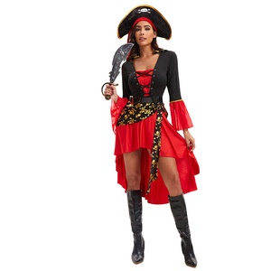 Female Pirate Costume Plus Size Halloween Cosplay Outfit <b>Red</b> Black Dress Hat <b>Belt</b> Boots Women's Game Bodysuit Polyester - Product Image 1