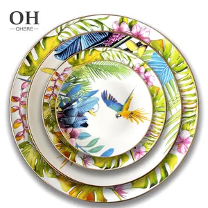 Juego de vajilla de cerámica para aves y plantas, juego de platos de cerámica esmaltada de colores con cargador, 4 Uds.