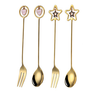 Stainless Steel Cutlery Set for Home Use Gold Matted Long Handle Spoon and Fork with <b>Star</b> Heart Pendant Flatware Sets - Product Image 5