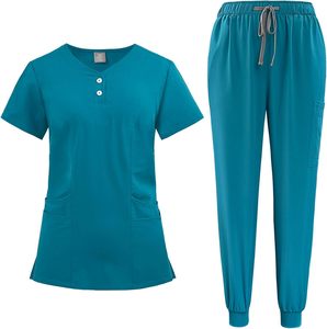 Conjuntos de uniformes médicos para mujer, uniforme de enfermera, Top y pantalón para correr, ropa de trabajo, traje elástico de manga corta, diseño inclinado con cuello en V - Product Image 1