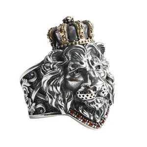 Anel de prata refinada s925 para homens, joia retrô ajustável de hip hop e coroa de leão para homens e meninos