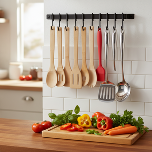 Organisateur <span class=keywords><strong>mural</strong></span> de cuisine 17 pouces pour ustensiles, casseroles et poêles, avec 10 crochets en fer noir, support de couvercles, lot de 2 outils - Product Image 3