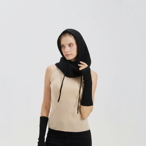 Women's Black Knit Hooded Scarf Winter Fashion Accessory For Adults Casual Style - Product Image 1