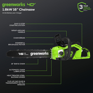 Greenworks <span class=keywords><strong>Tronçonneuse</strong></span> sans balais 40V Scie de jardin professionnelle 20 m/s Original 16 pouces Chainbar et <span class=keywords><strong>Oregon</strong></span> Sawchain 2PC 4AH Batteries - Product Image 2