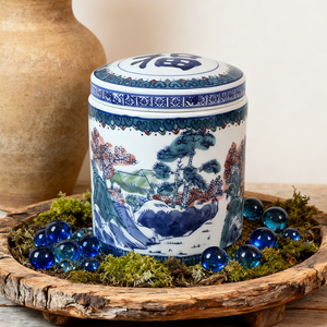 Fabrik-Großhandel Blau-Weiße Landschafts-Keramik-Urnen für Menschenasche Traditionelle Chinesische Porzellan-Bestattungsurne - Product Image 4