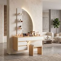 Table de maquillage moderne à poser au sol avec miroir éclairé et LED |   Bureau de maquillage en bois gain de place pour chambre à coucher (éco-responsable)