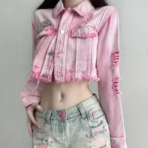 Loveda jaqueta jeans feminina com botões e bolsos, jaqueta jeans leve com bolsos, com estampa personalizada, cor-de-rosa, desgastada e rasgada