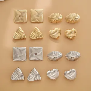 Wanita antik 18k berlapis emas Spiral anting Stud geometris hati persegi desain segitiga bahan baja acara ulang tahun