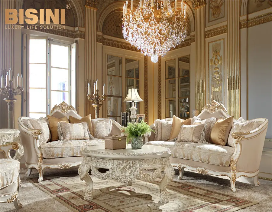 Villa clásica real europea, tallado de madera, muebles franceses, conjunto de sofá para sala de estar de tela Beige y dorada