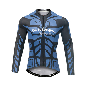 Men Long Sleeve Blue Geometric Pattern Black <b>Cycling</b> Jersey Set with Black Padded Bib Shorts <b>Stand</b> Collar Full Zip for Team Club - Product Image 2