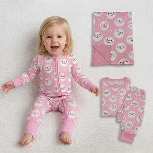 Conjunto de pijama de manga larga para niñas con estampado de muñeco de nieve rosa y manta a juego, ropa cómoda con estampado de dibujos animados - Product Image 1