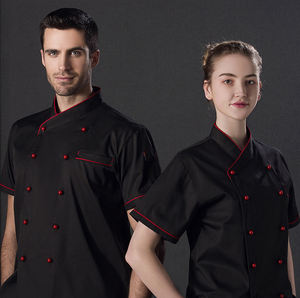 Vêtements de chef professionnels noirs à manches courtes pour la cuisine, bar, uniforme de chef doux avec poche, veste de <span class=keywords><strong>cuisinier</strong></span> unisexe respirante - Product Image 1