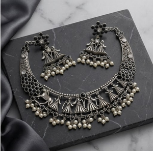 DIVYORO Folk Dance Motif Oxidized Silver Choker Set Designer <b>Statement</b> <b>Necklace</b> Set with Earrings Elegant Fashion Jewelry - Product Image 1
