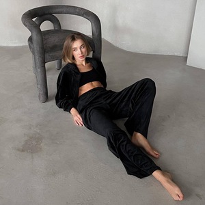 Wholesale Breathable <b>Velvet</b> Two-Piece Set Long Sleeve Zip-Up Hooded Jacket Wide Leg Pants Solid <b>Black</b> Loose Fit Casual - Product Image 2