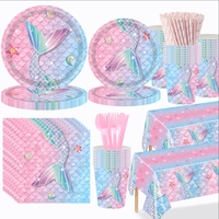 Vaisselle jetable sur le thème de la sirène, assiettes en papier, serviettes, gobelets, vaisselle, fournitures pour fête d'anniversaire sur le thème de la sirène