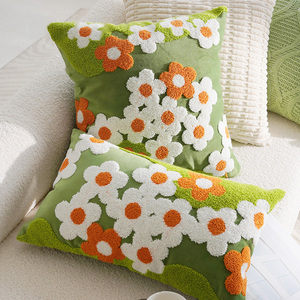 Luxury Green Floral Tufted Throw Pillow Set Cute Pumpkin <strong>Shaped</strong> <strong>Cushion</strong> with Embroidery <strong>Flowers</strong>, Soft Velvet Plush Fabric - Product Image 4