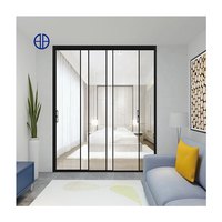 Porte coulissante intérieure avec système de fixation miroir, dessus en verre, porte coulissante murale en aluminium noir pour toilettes