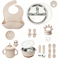 Ensemble de 12 pièces pour l'alimentation des bébés en silicone sans BPA et acier inoxydable avec bol à ventouse, assiette, tasse, distributeur de fruits et ustensiles