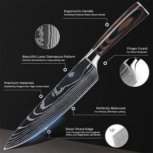 ชุดมีดเชฟลายดามัสกัสเลเซอร์ 11 ชิ้น คมกริบด้วยมือ พร้อมด้ามไม้หลากสี - Product Image 2
