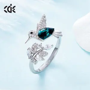 Crystal Women Gemstone Birds Adjustable Ring Real Silver Jewelry 925 Sterling