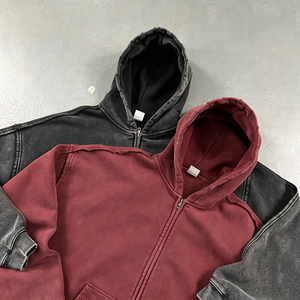 Custom High Quality Heavyweight Cotton Men <b>Zip</b> <b>Up</b> <b>Hoodies</b> Man Vintage Wash Blank French Terry Casual Streetwear Hoodie TKAN9249 - Product Image 2
