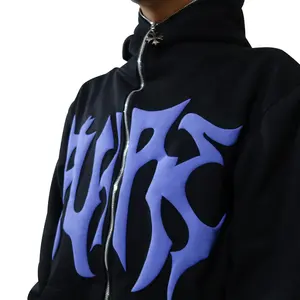 300 Gsm Hiphop Streetwear Oversized Polyester Y 2K Full Face Rits Hoodies Unisex Puff Print Full Rits Hoodie