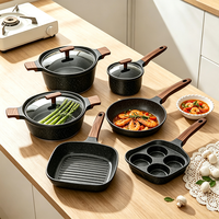 Ensemble de casseroles et poêles en aluminium granité antiadhésif avec poignées en bois, compatible induction, plusieurs tailles