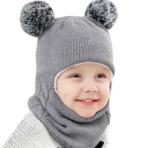 Cagoule d'hiver en tricot avec col à anneaux pour enfants, filles, garçons, couvre-visage à double <span class=keywords><strong>oreille</strong></span> et boules de poils, casquette chaude pour bébé, masque de ski - Product Image 2