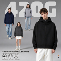 Hoodie Oversize Pria dengan Logo Custom, Kerah Hoodie Tebal 430GSM, Resleting Penuh, Bahan French Terry, Kantong Samping, Manset Rib, Lengan Regular