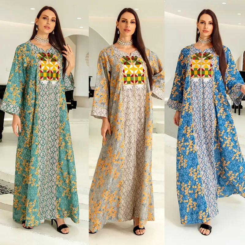 RHG baju kaftan Muslim, baju wanita musim gugur, musim dingin, baju kaftan Muslim etnik, baju lebaran, lengan panjang, motif pola Islam, Turki, lebaran, Dubai, Abaya