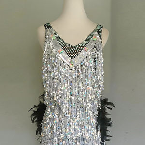 Women's <b>Silver</b> <b>Fringe</b> Latin Dance <b>Dress</b> Adult Ballroom Performance Costume Bar Club Stage Dance Wear with Black Feather Accents - Product Image 2