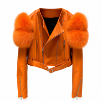 Chaqueta de Cuero para Mujer, Multicolor, Otoño, Chaqueta Corta de Piel de Oveja Genuina con Ribete de Piel de Zorro, Gran Oferta