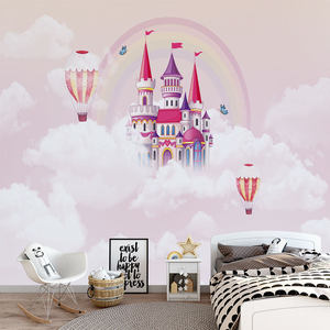 Papier peint mural personnalisé Château Ciel Rose Arc-en-ciel Montgolfière Nuage Papillon Décoration Crèche Filles Princesse - Product Image 1