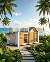 Maisonnette modulaire préfabriquée à toit en pignon avec panneaux imitation bois, escalier en colimaçon et terrasse sur le toit, idéale pour les villas de vacances en bord de mer.