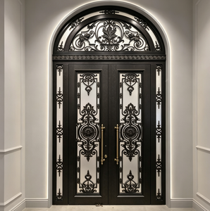 Puerta Principal de Entrada de Hierro Forjado de Lujo Personalizada, Negra con Tallado Dorado, Puerta de Seguridad Exterior para Villa con Arco y Ventana Superior - Product Image 4