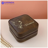 Boîte à bijoux en cuir PU 4 x 4 pouces avec fermeture à glissière, élégante, pour voyage, cadeau, rangement, personnalisable avec logo gravé au laser