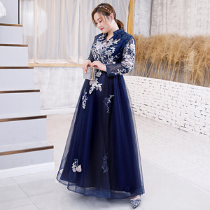 Chinese Style Plus Size Navy Blue Long Sleeve Embroidered Dress For Performance Banquet Women - Product Image 4