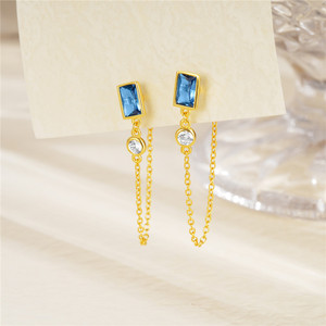 Boucles d'oreilles pendantes CANNER en argent sterling 925, zircon bleu rectangulaire simple, chaîne longue, plaqué or 18 carats pour femmes - Product Image 2
