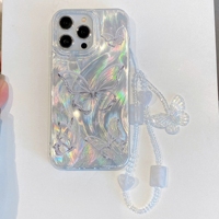 Nouvelle Housse Rigide de Téléphone Premium en Forme d'Aile Papillon Argentée avec Chaîne Compatible iPhone 11 12 13 14 Pro 15 Plus 16 17 Pro Max