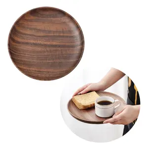 Hot-Selling Zwart Walnoot Dienblad Ronde Houten Plaat Houten Schotel Voor Keuken Party Restaurant