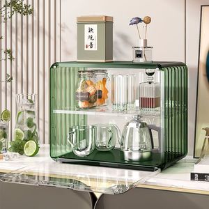Organizador de encimera doble para el hogar, estante de almacenamiento de plástico a prueba de polvo y ecológico para exhibir perfumes, tazas de té y café - Product Image 4