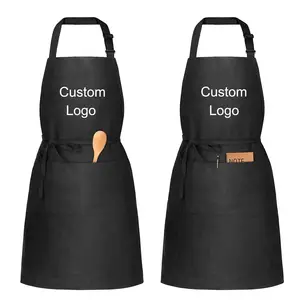 OEM özel fabrika tasarım baskı logosu siyah uzun şef pişirme mutfak önlüğü önlük pamuk iki cepli