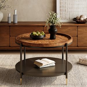 Tavolino da Caffè Rotondo in Legno Massello da 31,5 Pollici, Tavolo Centrale Boho con Struttura in Metallo e Motivo Floreale Intagliato a Mano - Product Image 2