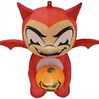 Décoration de jardin gonflable d'Halloween : Diable rouge avec ailes de chauve-souris et lumières LED citrouille, 6-8 pieds, motif démon de dessin animé effrayant, pour fête d'Halloween et maison hantée