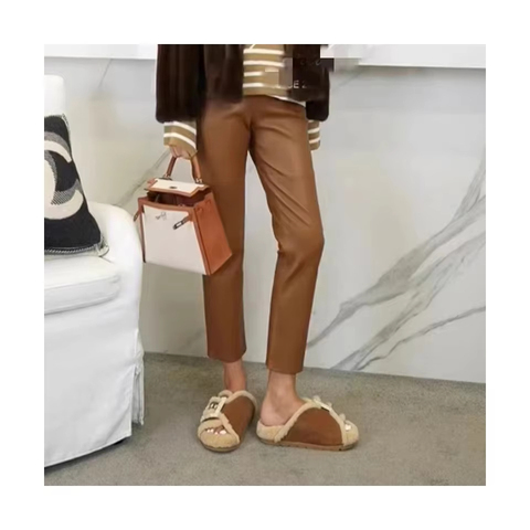 Reliable Quality Elegant Pocket Thick Real Leather Straight Slim Pencil Pants for Women