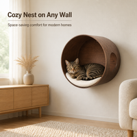 Lit mural pour chat en bois courbé de noyer avec coussin en peluche, niche douce pour chats d'intérieur avec ventilation latérale, gain de place